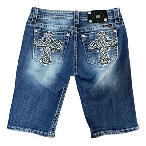 Miss Me Signature Bermuda Denim Jean Shorts Capris‎ Sz 29 Cross Y2K Bling Stones